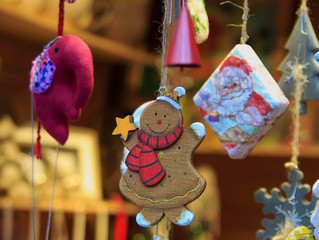 Christmas handmade toys hanging on a rope.