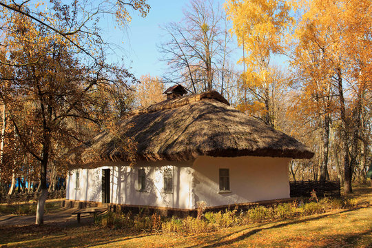 Autumn park with an old wooden house at Pereyaslav,