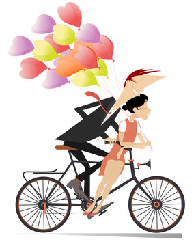 Romantic young couple rides on the bike isolated illustration. Smiling man and woman holding a lot of balloons in the hand ride together on the bike and look happy isolated on white illustration
