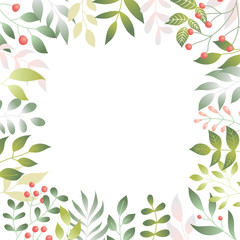 Fototapeta na wymiar Vector illustration of spring leaves in flat style. Floral background with copy space for text, tender plants branches for poster, banner, wedding card template