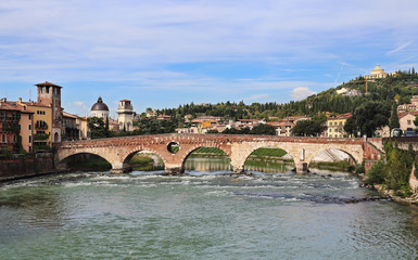 Fototapeta na wymiar Ponte Pietra bridge in Verona, Italy