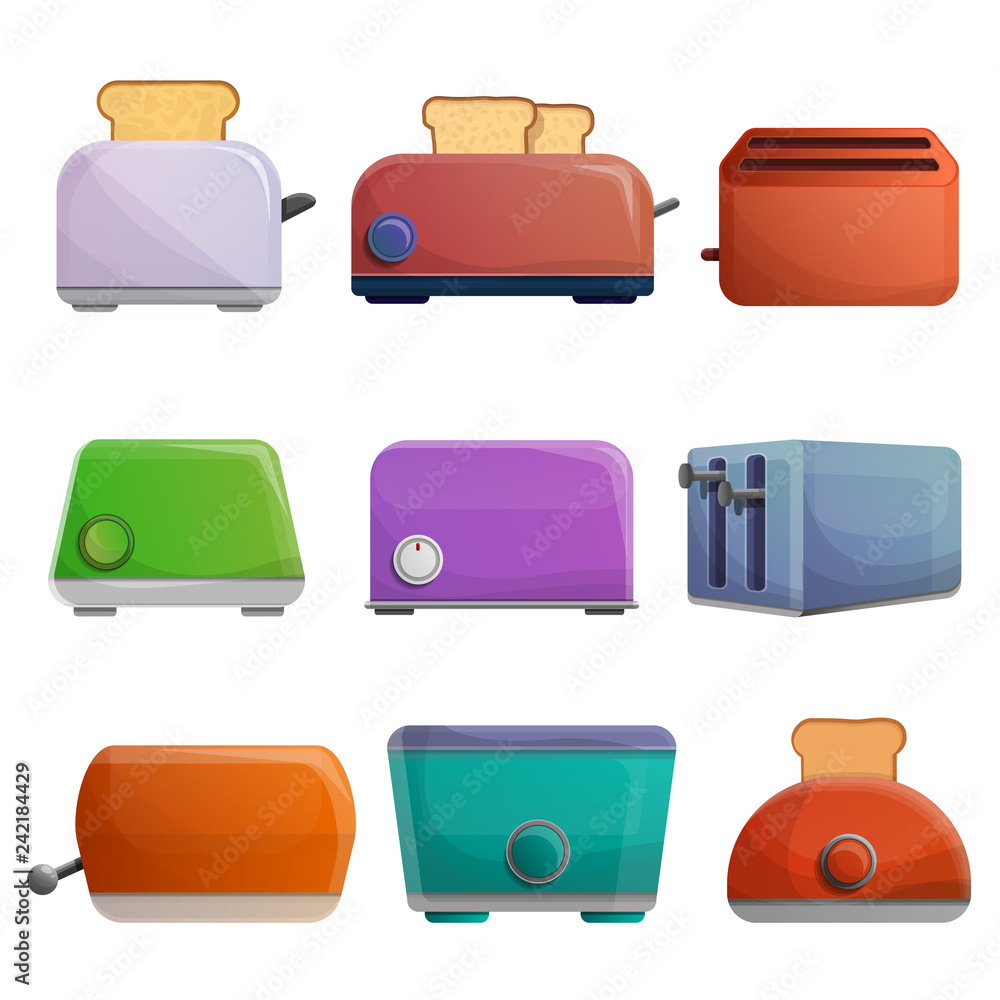 Poster toaster icon set. cartoon set of toaster vector icons for web design