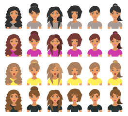 Set of woman avatars with different hair style. Beautiful young woman  with different hairstyles. Short hair and long hair brunette, blonde, light brown and chestnut hair . Vector illustration