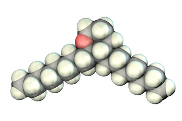 Thromboxane molecule, a lipid eicosanoid produced in platelets, has vasoconstrictor function, a potent hypertensive agent, 3D illustration