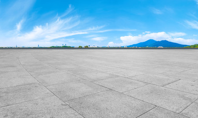 Empty Plaza Floor Bricks and Beautiful Natural Landscape..