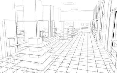 shop, mall, shopping mall, contour visualization, 3D illustration, sketch, outline
