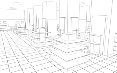 shop, mall, shopping mall, contour visualization, 3D illustration, sketch, outline
