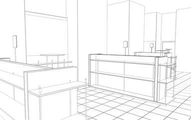 shop, mall, shopping mall, contour visualization, 3D illustration, sketch, outline