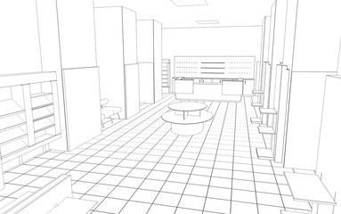 shop, mall, shopping mall, contour visualization, 3D illustration, sketch, outline