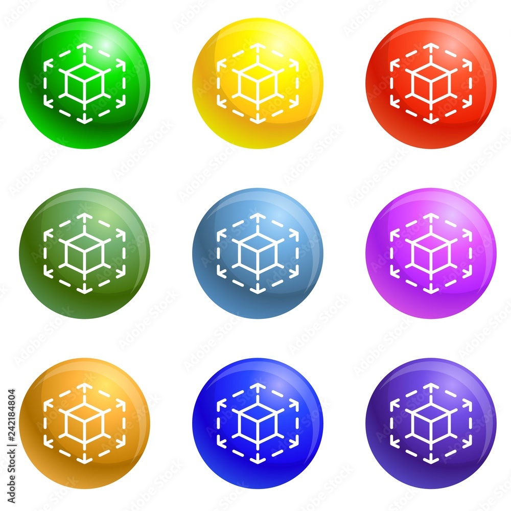 Poster cube space icons vector 9 color set isolated on white background for any web design