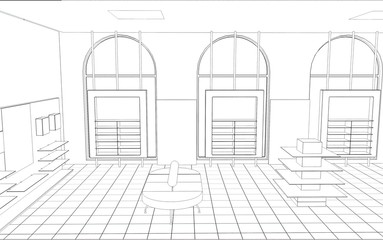 shop, mall, shopping mall, contour visualization, 3D illustration, sketch, outline
