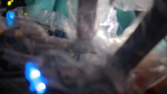 Surgical room in hospital with robotic technology equipment, machine arm surgeon in futuristic operation room. Minimal invasive surgical medical robot, bariatric surgery with robotic assisted surgeon
