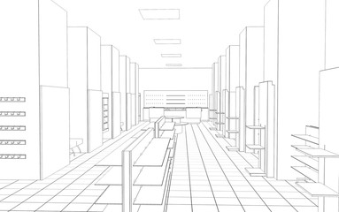 shop, mall, shopping mall, contour visualization, 3D illustration, sketch, outline
