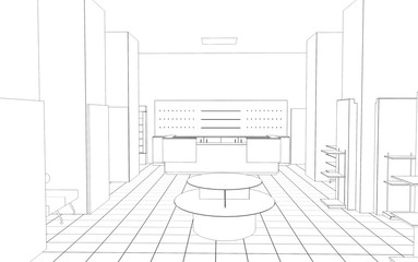 shop, mall, shopping mall, contour visualization, 3D illustration, sketch, outline