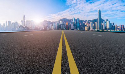 Air highway asphalt road and office building of commercial building in modern city