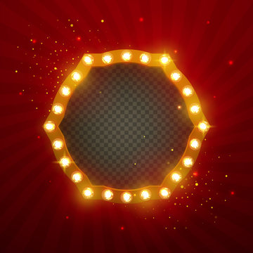 Glowing lights retro for advertising design. Special light effects. Vector Background show. Realistic Vintage frame. 3D