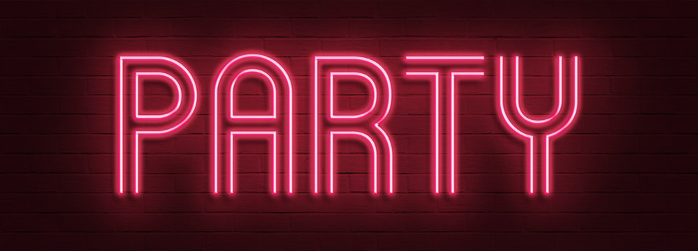 Vintage Glow Signboard with Party Inscription. Shiny Neon Light Style Lettering. Inscription on Red Brick Wall. 3D Rendering