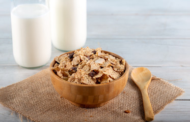 Oat cereal and rice flakes with milk