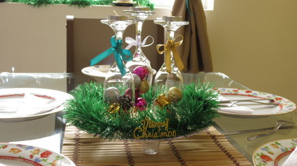 christmas dinner table with decorations