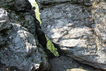 Landscape with rocks in the forest in the summer in the Urals of Russia.