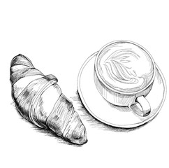 Sketch style delicious croissant and cup of coffee. Tasty morning breakfast. Hand drawn design isolated over white background. Icon illustration.