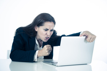 Business corporate woman desperate and overwhelmed with laptop computer