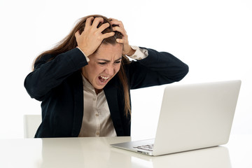 Business corporate woman desperate and overwhelmed with laptop computer