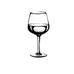 Vector illustration of glass of wine. Wineglass icon. Goblet symbol. Black and white colours. Drawn style. Red wine, hand drawn vector, isolated on white
