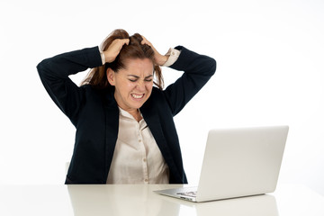 Business corporate woman desperate and overwhelmed with laptop computer