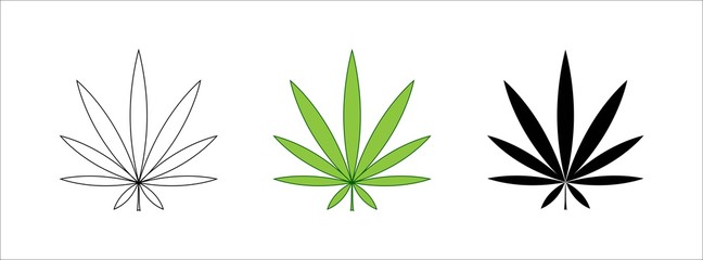 Set of cannabis leaf icon. Outline leaf of cannabis, flat black and green leaf. Marijuana sign. Marijuana logo, line style. Template for medical cannabis or cannabis oil. Vector illustration