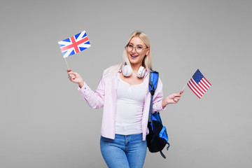 Education, foreign language translator, english, student - smiling blond woman in headphones...