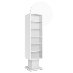 Cardboard Retail Shelves Floor Display Rack For Supermarket Blank Empty. Mock Up. 3D On White Background Isolated. Ready For Your Design. Product Advertising. Vector EPS10