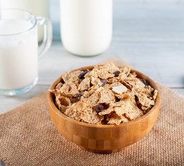 Oat cereal and rice flakes with milk