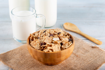 Oat cereal and rice flakes with milk