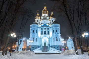 Night scene with Mironositskaya Church Orthodox Church in Kharkov, Ukraine