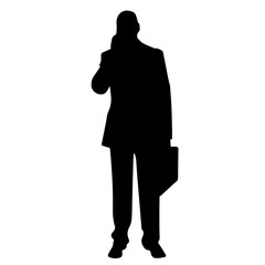 Silhouette of prosperous businessman holds suitcase, has telephone conversation, isolated over white background. Vector illustration of employee in formal suit. Business concept