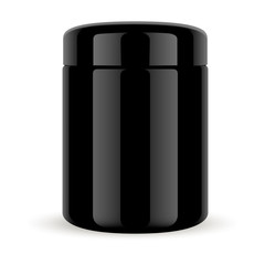 Black Glass Jar. Cosmetic Container with Glossy Lid for Premium Beauty Supplement. 3d Package for Serum, Facial Cream, Butter, Scrub or Treatment. Isolated Round Canister Mockup.