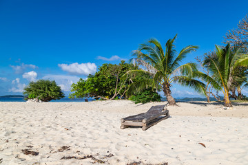 View of tropical beach on the Ditaytayan island, Busuanga, Palawan, Philippines. Beautiful tropical island with sand beach, palm trees. Travel concept.