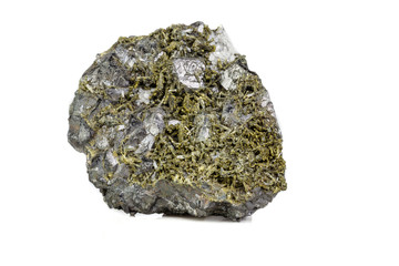Macro mineral Epidote stone on a white background