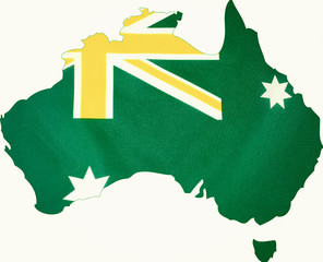 Map of Australia with Australian flag in unofficial green and gold colours, on white background, with applied vintage wash filter.