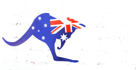Australian flag in the shape of a kangaroo on white wood shabby chic table, web banner. © millefloreimages
