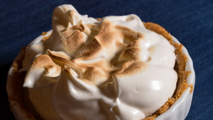 Close macro shot of the crisped top of a home made gluten free lemon meringue pie