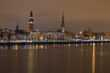 Night view of Riga Latvia city. Panorma. 