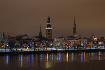Fototapeta premium Night view of Riga Latvia city. Panorma. 