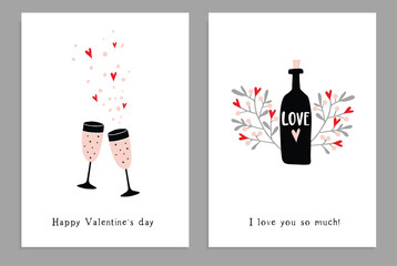 Set of Valentines day or wedding greeting cards, party invitations. Hand drawn wine glasses, champagne bottle and confetti stars. Handlettered text. Isolated vector illustrations, white background.