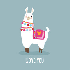 Cute birthday or Valentines day greeting card, invitation. Hand drawn white llama animal with llove you text. Vector illustration background, flat design.