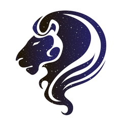 Lion head illustration. Vector animal, magic night sky color silhouette isolated on white background