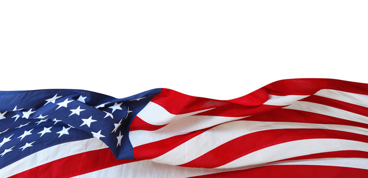 USA America flag stars and stripes banner on white. Copy space