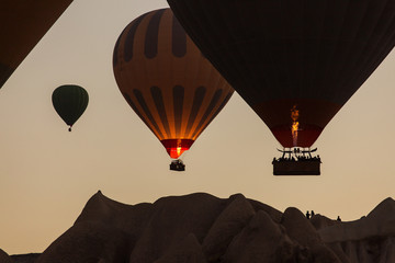 Flame in balloons. Flying with balloons over Cappadocia valleys, Turkey