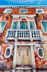Close up of decorative house in Venice, Italy. Picture created with watercolors.